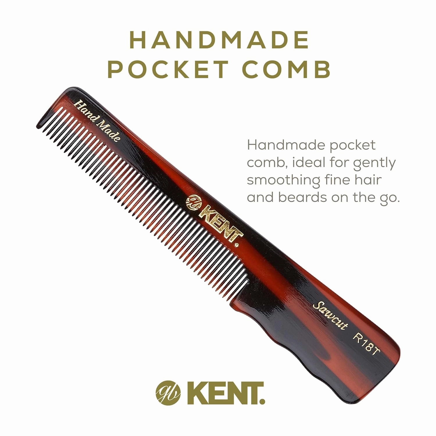 Kent R18T Fine Tooth Comb for Men - Handmade Hair Comb for Styling with Thumb Grip, Saw Cut and Hand Polished, Made in England
