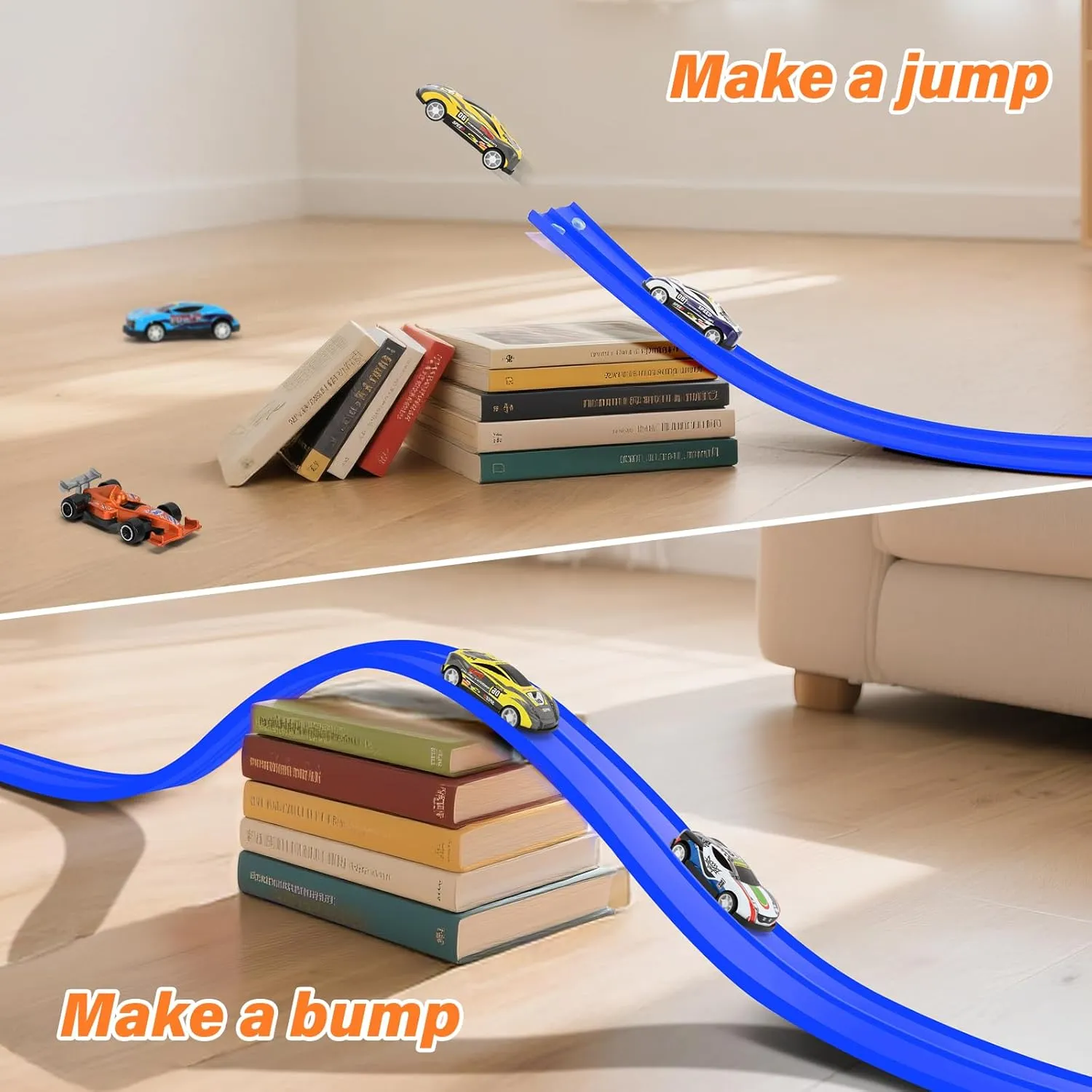 KETIEE Flex Tracks 16Ft for Kids: Flexible Race Car Ramp Track with 4 Small Racecars and 8 Suction Cups Compatible with Hot Wheels and Diecast 1/64th Cars, Rolls Up Portable Racetrack for Ages 3 & Up