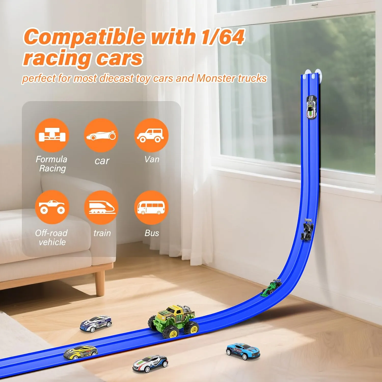 KETIEE Flex Tracks 16Ft for Kids: Flexible Race Car Ramp Track with 4 Small Racecars and 8 Suction Cups Compatible with Hot Wheels and Diecast 1/64th Cars, Rolls Up Portable Racetrack for Ages 3 & Up