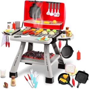 Kids BBQ Grill Playset with Simulated Smoke & Sound & Light, Play Kitchen Set W/ 41PCS Toy Food, Indoor & Outdoor Interactive Kitchen Pretend Play Toys, Cooking Toy Kit for Toddler Boy Girl 3 4 5 