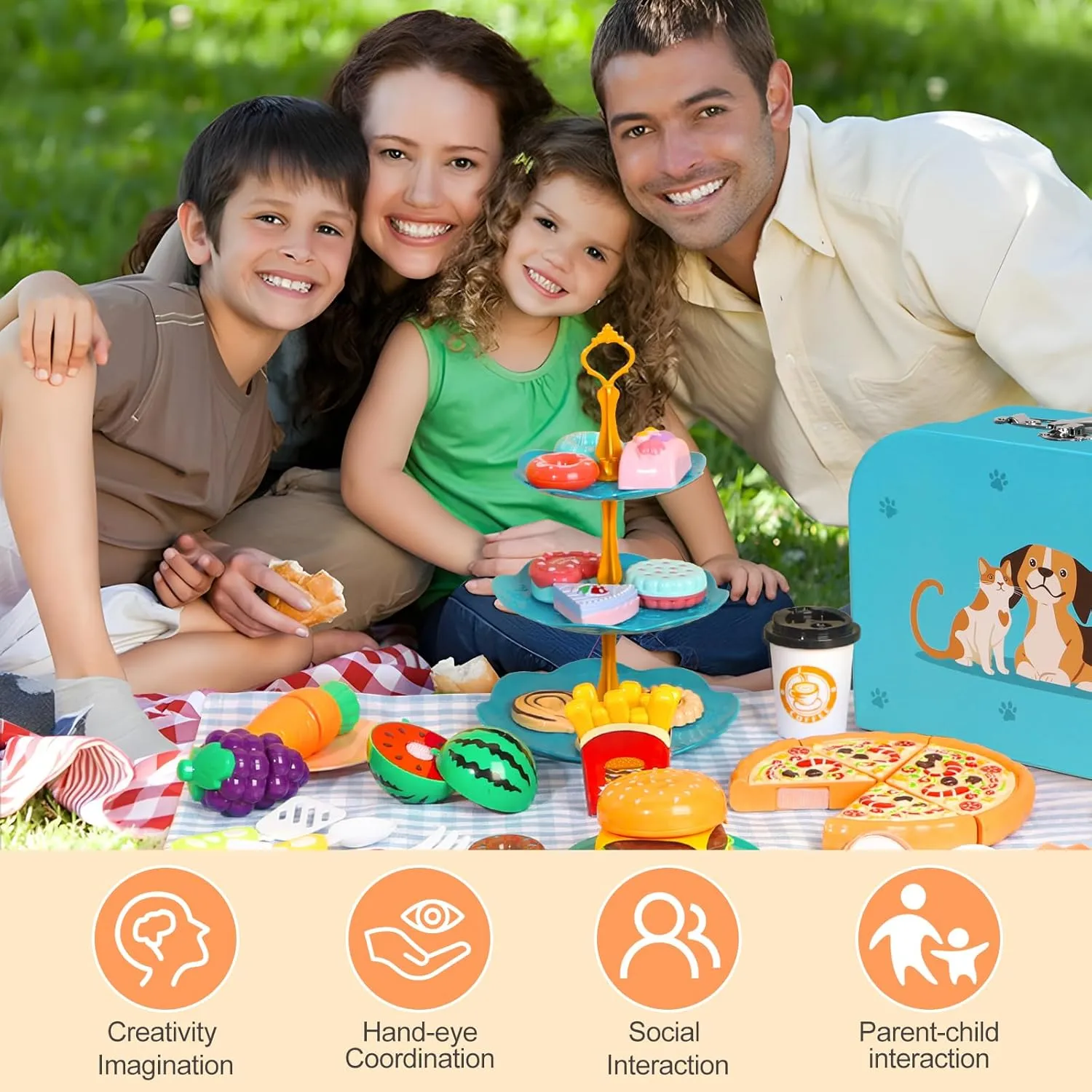 Kids Picnic Basket, Toy Food for Toddlers 1-3, Play Food Sets for Kids Kitchen Role Playset with Carry Case Fake Food Fruit Play Kitchen Accessories, Birthday for Toddler Girls Boys