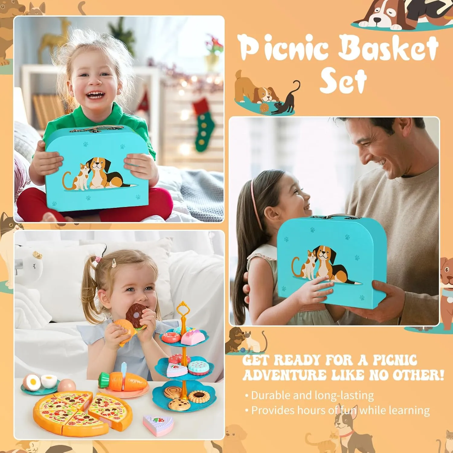Kids Picnic Basket, Toy Food for Toddlers 1-3, Play Food Sets for Kids Kitchen Role Playset with Carry Case Fake Food Fruit Play Kitchen Accessories, Birthday for Toddler Girls Boys
