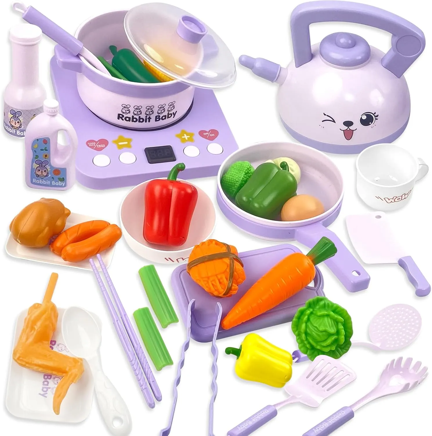 Kids Play Kitchen Accessories, Pretend Play Toys for Kitchen, Play Pots and Pans Sets for Kids Kitchen, Toddler Cooking Set for Boys and Grils Aged 3 4 5 6(Purple)