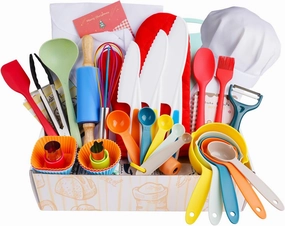 Kids Cooking Set Real Baking Utensils with Kitchen Tool Guide for Kids with Chef Apron Hat and Kitchen Accessories Kit Gift for Junior Chef