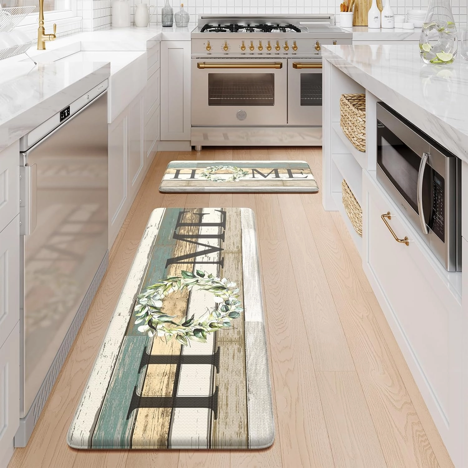 KIMODE Kitchen Mats 2PCS,Cushioned Anti Fatigue Farmhouse Kitchen Rugs and Mats,Non Skid Waterproof Kitchen Mats for Floor,Comfort Foam Standing Desk Mat for Home,Office,Sink,Laundry