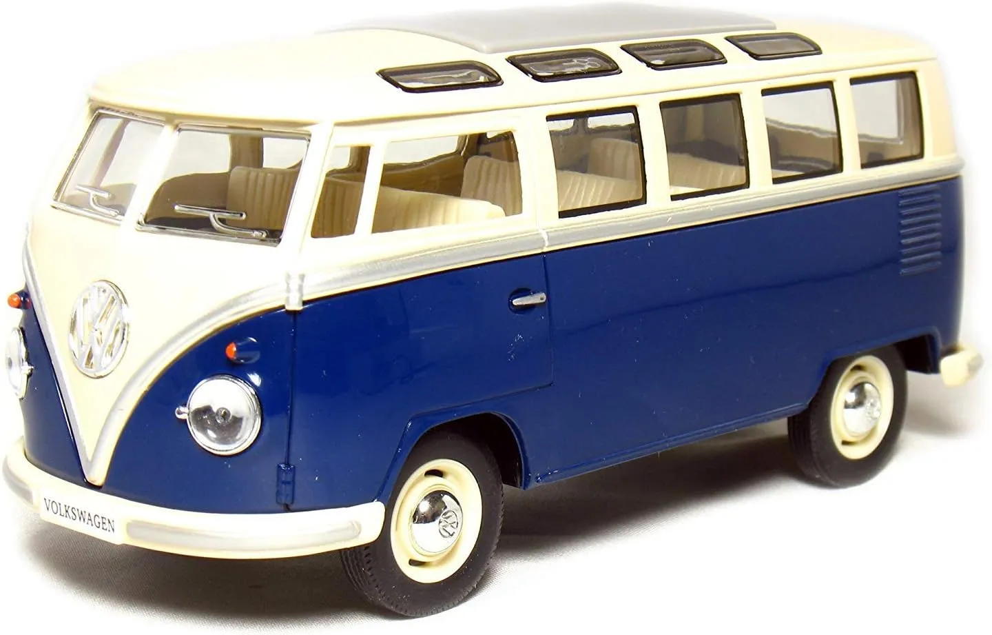 KINGSMART 1962 Volkswagen Classic Hippy Bus 7" 1:24Scale Blue Die Cast Metal Model Toy Pull Back Action Car