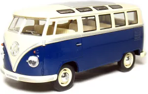 KINGSMART 1962 Volkswagen Classic Hippy Bus 7" 1:24Scale Blue Die Cast Metal Model Toy Pull Back Action Car