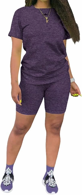 KINIKO Women's 2 Piece Casual Fashion Sports Solid Color Suit short Sleeve top and Pants Set Sweatshirt