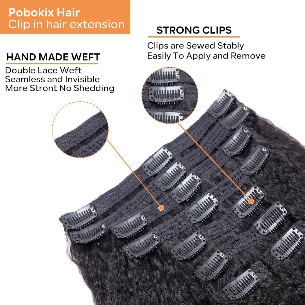 Kinky Straight Clip in Hair Extensions Real Human Hair 8Pcs Remy Human hair Clip ins for Women, Natural Human Hair 120g 20inch #1B Natural Black