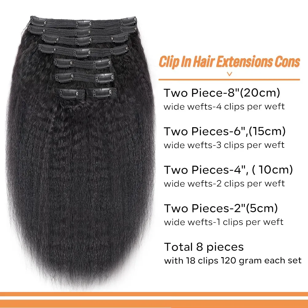 Kinky Straight Clip in Hair Extensions Real Human Hair 8Pcs Remy Human hair Clip ins for Women, Natural Human Hair 120g 20inch #1B Natural Black