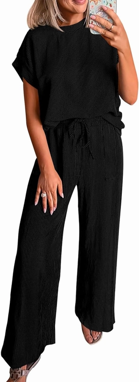 KIRUNDO Summer Sets Women 2 Piece Outfits Casual Ribbed Knit Short Sleeve Tops Wide Leg Pants Lounge Set Travel Tracksuit