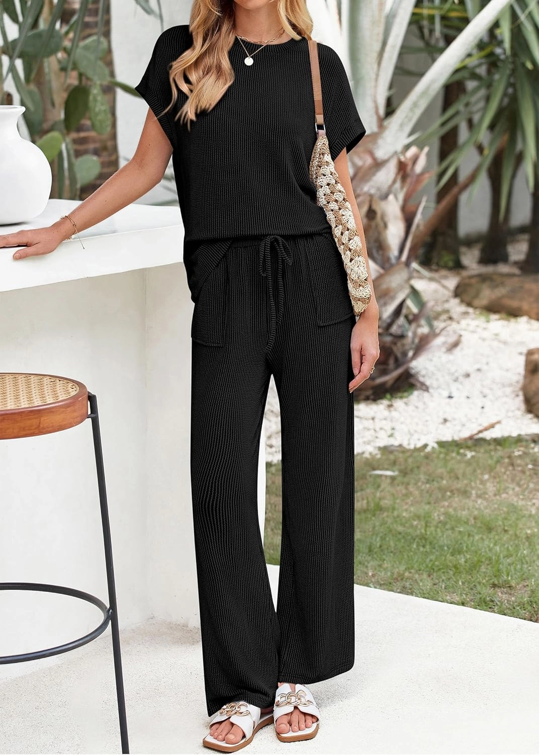 KIRUNDO Summer Sets Women 2 Piece Outfits Casual Ribbed Knit Short Sleeve Tops Wide Leg Pants Lounge Set Travel Tracksuit
