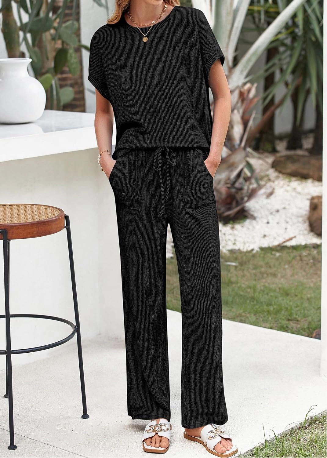 KIRUNDO Summer Sets Women 2 Piece Outfits Casual Ribbed Knit Short Sleeve Tops Wide Leg Pants Lounge Set Travel Tracksuit