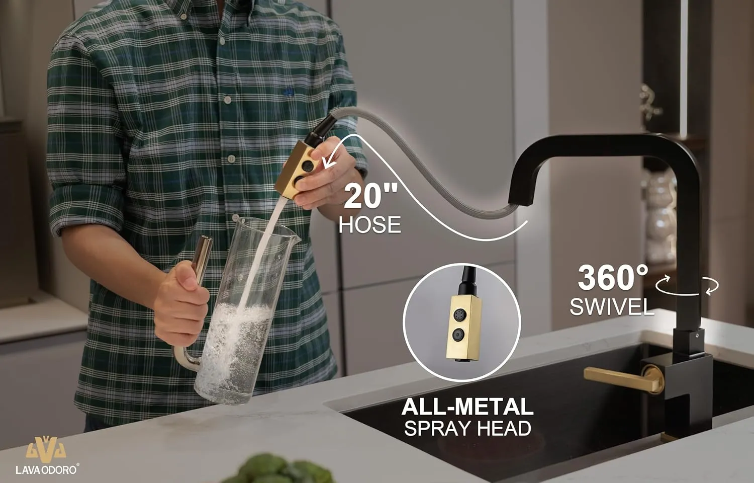 Kitchen Faucet with Pull Down Sprayer, Lava Odoro Black and Gold Kitchen Sink Faucet, Matte Black and Brushed Gold Faucet for Kitchen Sink with Magnetic Docking Spray Head and Deck Plate, KF182-GB