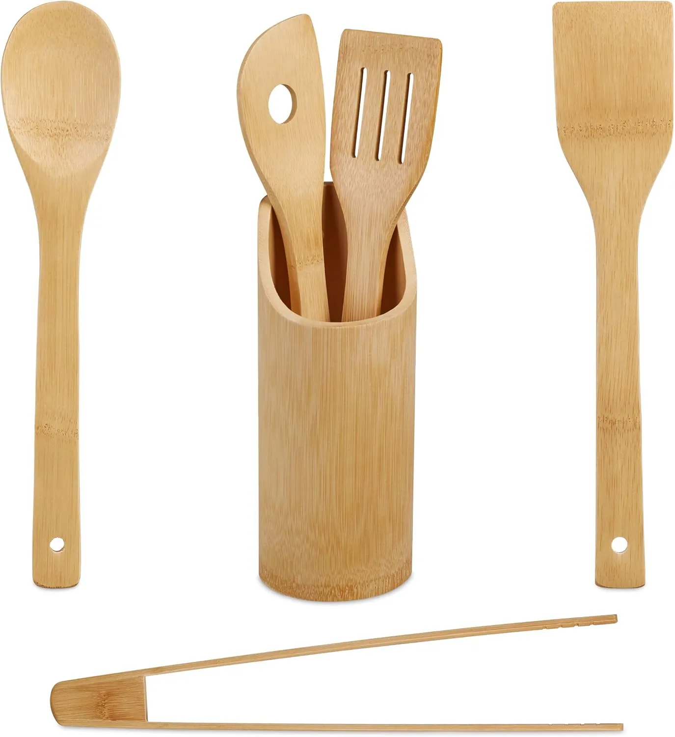 Kitchen Utensils Set of 6 Cooking Spoons, Spatulas, Barbecue Tongs, Kitchen Utensils Container, Bamboo, Natural
