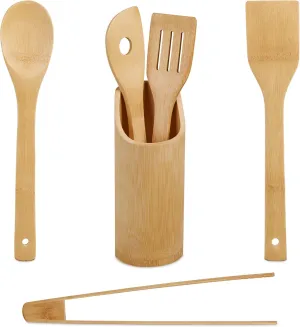 Kitchen Utensils Set of 6 Cooking Spoons, Spatulas, Barbecue Tongs, Kitchen Utensils Container, Bamboo, Natural