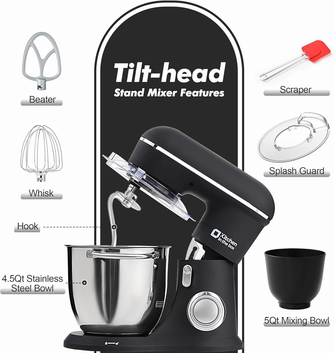 Kitchen in the box Stand Mixer, 4.5QT 5QT Two bowls Electric Food Mixer, 10 Speeds 3-IN-1 Kitchen Mixer for Daily Use with Egg Whisk,Dough Hook,Flat Beater (Onyx Black, 5QT)