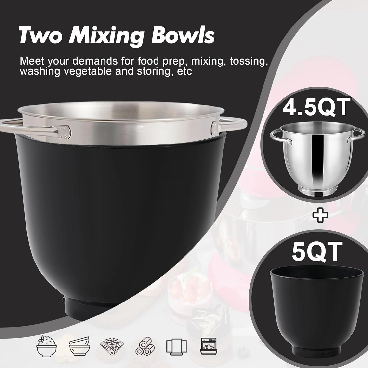 Kitchen in the box Stand Mixer, 4.5QT 5QT Two bowls Electric Food Mixer, 10 Speeds 3-IN-1 Kitchen Mixer for Daily Use with Egg Whisk,Dough Hook,Flat Beater (Onyx Black, 5QT)