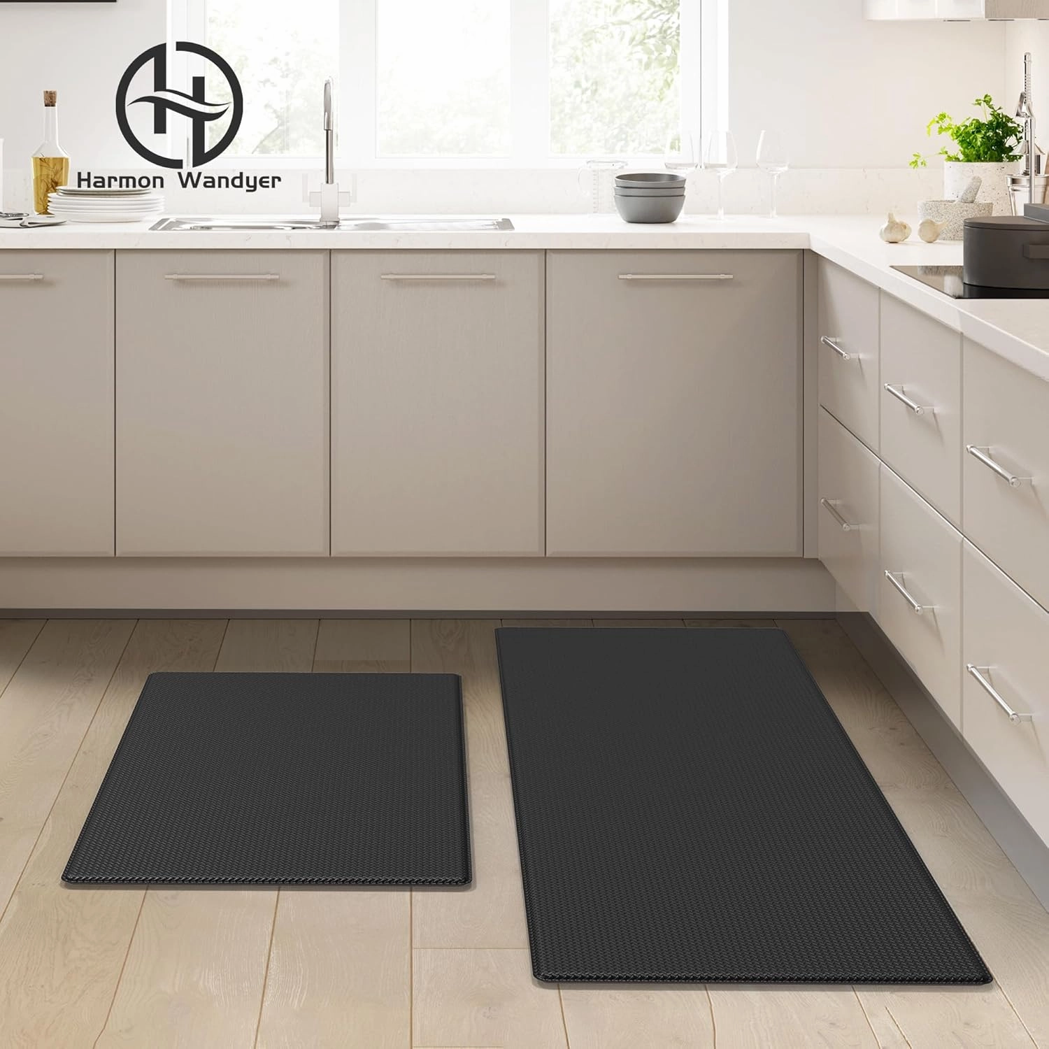 Kitchen Mats for Floor, 2PCS Kitchen Rugs, Cushioned Anti-Fatigue Waterproof Non-Slip Kitchen Mats Set, Ergonomic Comfort Standing Mat for Kitchen, Floor, Home, Office, 17.3"x29.5" 17.3"x29.5", Black
