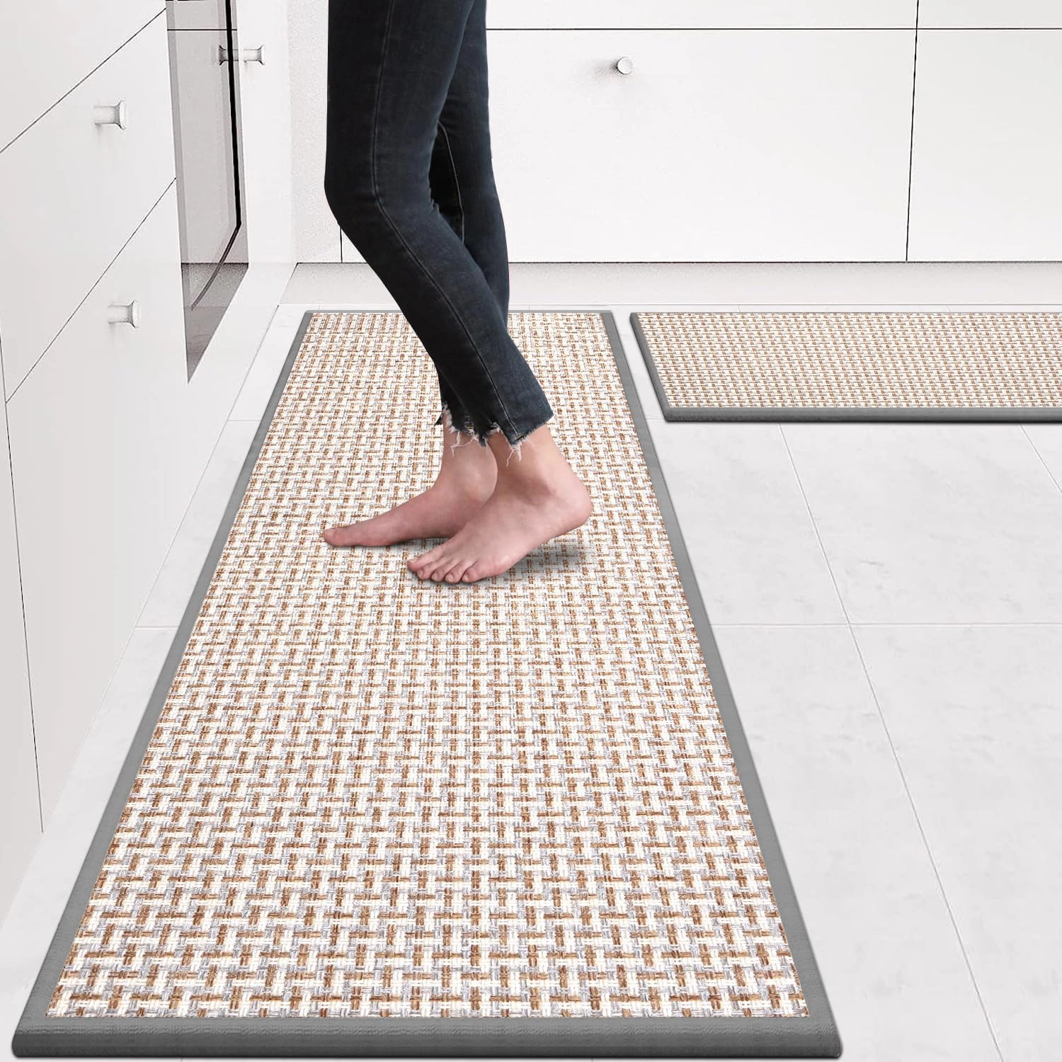 Kitchen Rugs and Mats Non Skid Washable Set of 2 PCS, Absorbent Runner Rugs for Kitchen, Front of Sink, Kitchen Mats for Floor, 17.3"x 47" 17.3"x 29" (Gray)