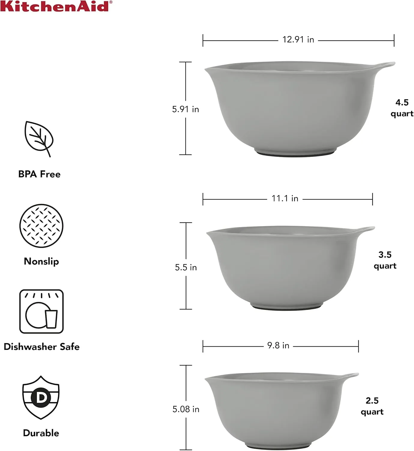KitchenAid Universal Nesting Plastic Mixing Bowls, Set Of 3, 2.5 quart, 3.5 quart, 4.5 quart, Non Slip Base with Easy Pour Spout to Reduce Mess, Dishwasher Safe, Gray
