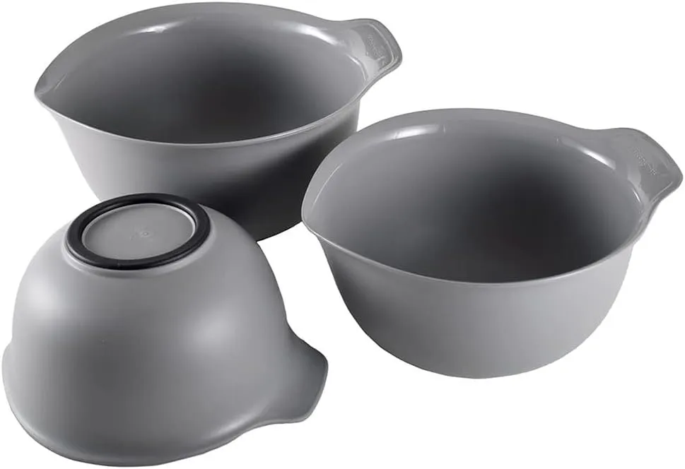 KitchenAid Universal Nesting Plastic Mixing Bowls, Set Of 3, 2.5 quart, 3.5 quart, 4.5 quart, Non Slip Base with Easy Pour Spout to Reduce Mess, Dishwasher Safe, Gray