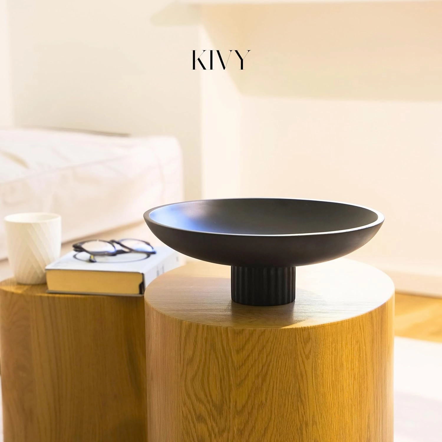 KIVY Concrete Fruit Bowl for Kitchen Counter - Large Decorative Pedestal Bowl for Home Decor - Modern Key Bowl for Entryway Table - White