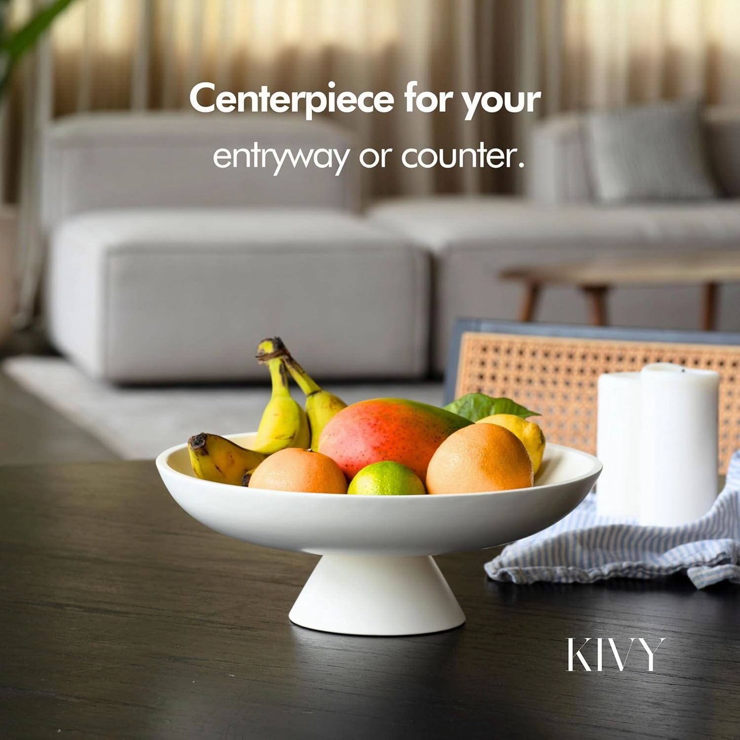 KIVY Concrete Fruit Bowl for Kitchen Counter - Large Decorative Pedestal Bowl for Home Decor - Modern Key Bowl for Entryway Table - White
