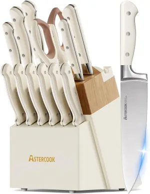 Knife Set,Astercook Kitchen Knife Set with Block 14-Piece Full Tang German Stainless Steel Knives with Sharpener Dishwasher Safe and Anti-Slip Ergonomic Handle Elegant Cream White Utensils Set