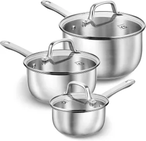 KOCH SYSTEME CS Stainless Steel Saucepan Set, 1QT & 2QT & 3QT Stainless Steel Sauce Pan with Lids, 6 Piece Steel Pot Set, Small Pot Set with Lid, Induction Compatible