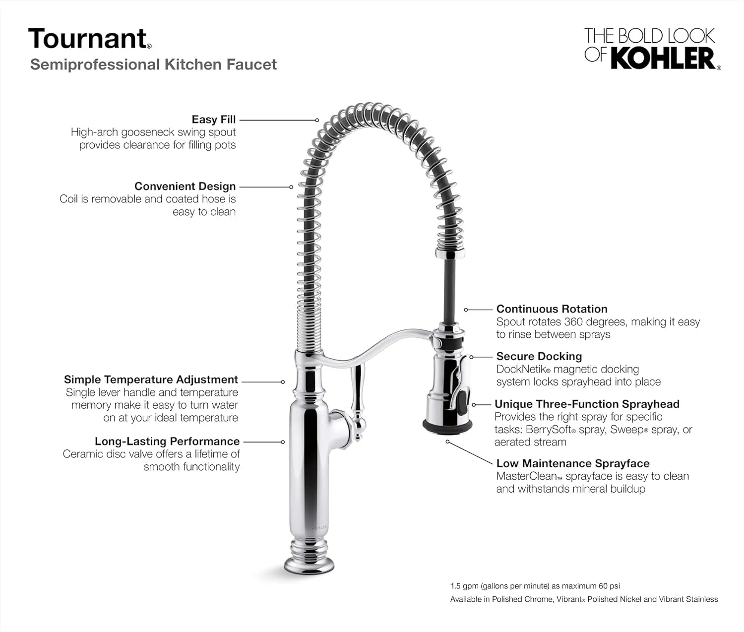KOHLER Tournant Semi-Professional Pull-Down Kitchen Sink Faucet, Commercial Kitchen Faucet with Pull Down Sprayer, 77515-2BZ, Oil-Rubbed Bronze