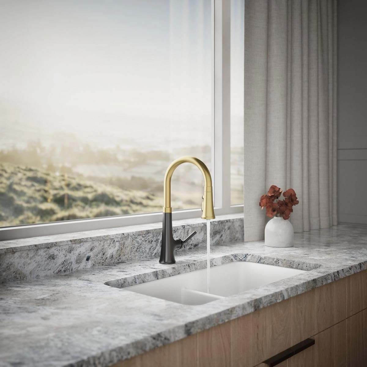 Kohler 23764-BMB Tone, Kitchen Sink Faucets with Pull Down Sprayer, Matte Black with Moderne Brass