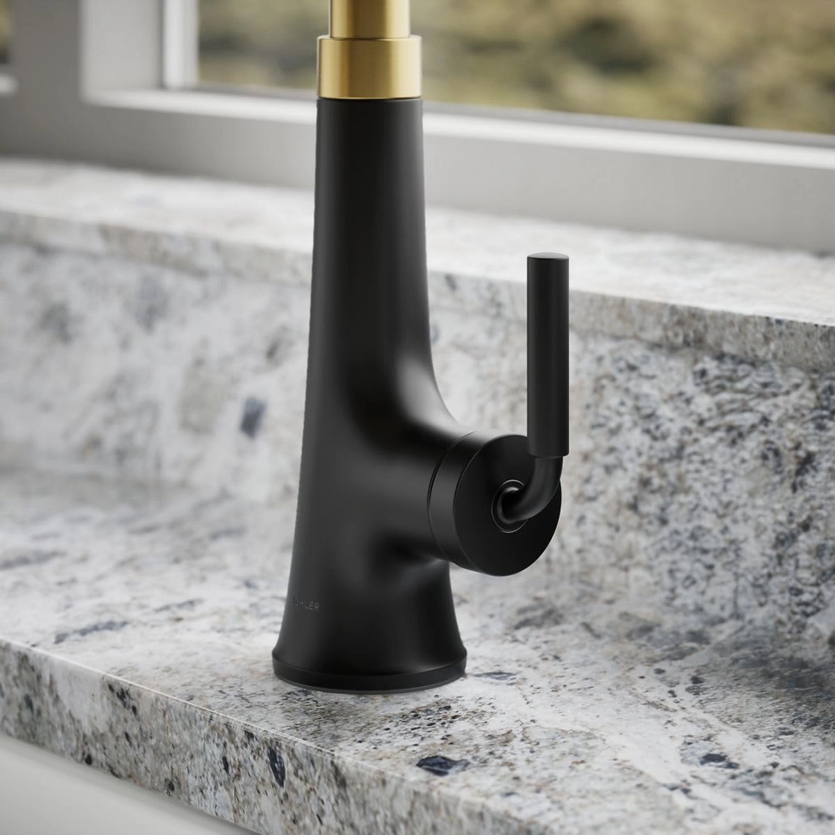 Kohler 23764-BMB Tone, Kitchen Sink Faucets with Pull Down Sprayer, Matte Black with Moderne Brass