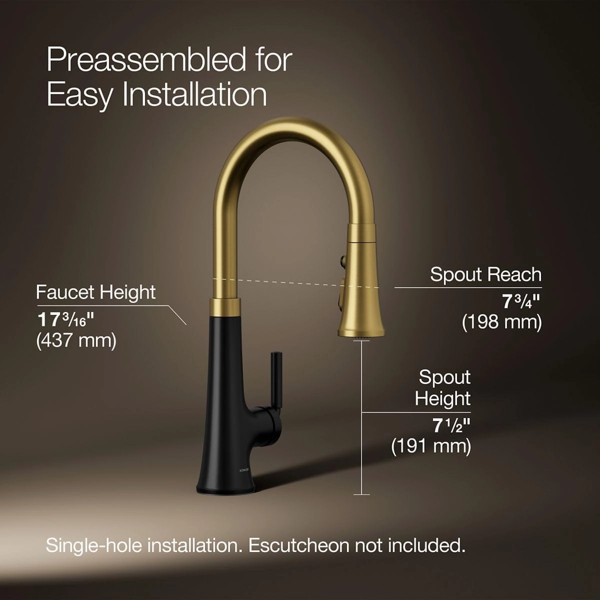 Kohler 23764-BMB Tone, Kitchen Sink Faucets with Pull Down Sprayer, Matte Black with Moderne Brass