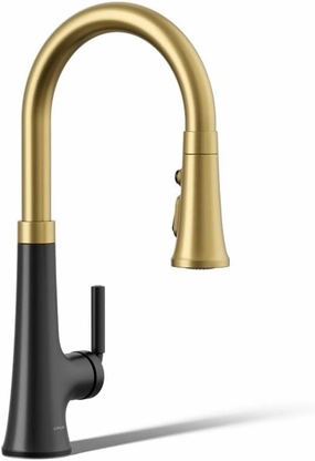 Kohler 23764-BMB Tone, Kitchen Sink Faucets with Pull Down Sprayer, Matte Black with Moderne Brass