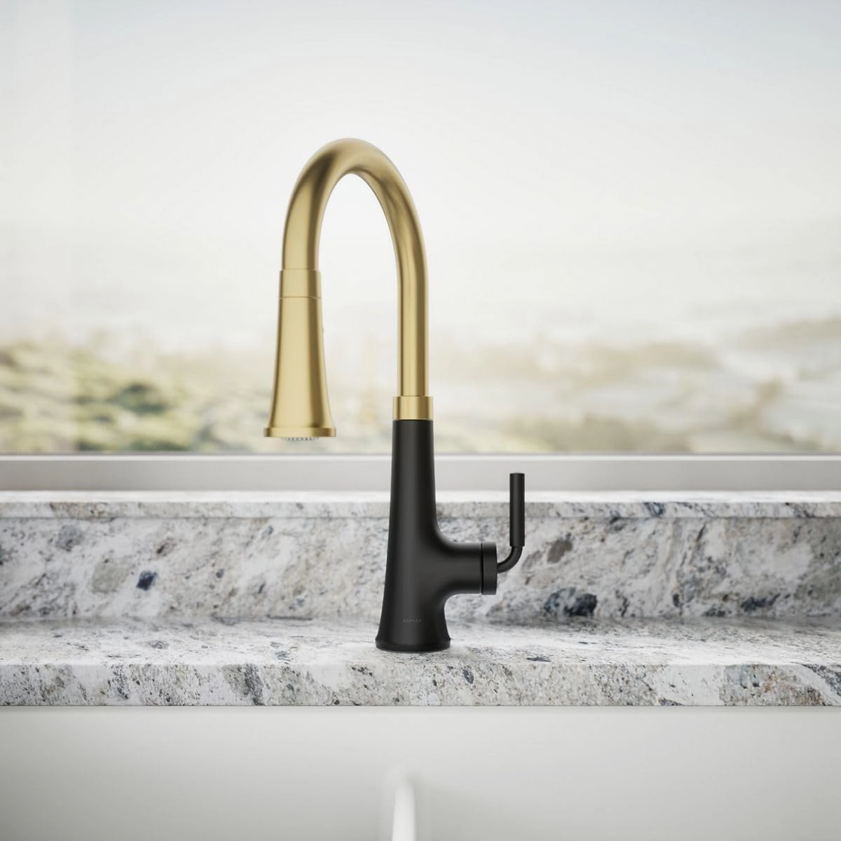 Kohler 23764-BMB Tone, Kitchen Sink Faucets with Pull Down Sprayer, Matte Black with Moderne Brass