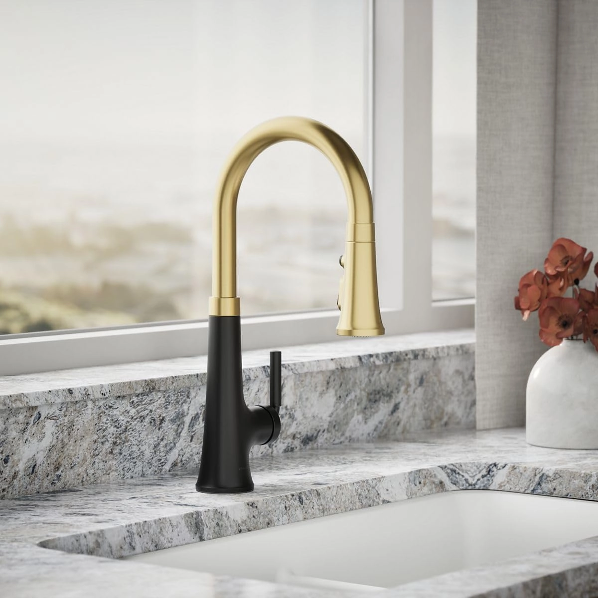 Kohler 23764-BMB Tone, Kitchen Sink Faucets with Pull Down Sprayer, Matte Black with Moderne Brass