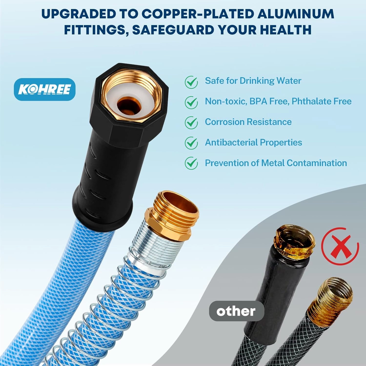 Kohree 35FT Upgraded RV Water Hose, 5/8" Premium Drinking Water Hose for Camper, Leak Free, No Kink, Flexible Garden Hose 35 ft with Storage Bag, Reinforced PVC Design w/Strain Relief Ends - Blue