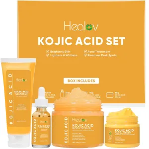 Kojic Acid Skincare Set – Kojic Soap Cleanser, Exfoliating Body Scrub, Face Cream & Brightening Facial Serum – Skin Brightening Hyperpigmentation Treatment, Dark Spot Corrector – with Turmeric Papaya