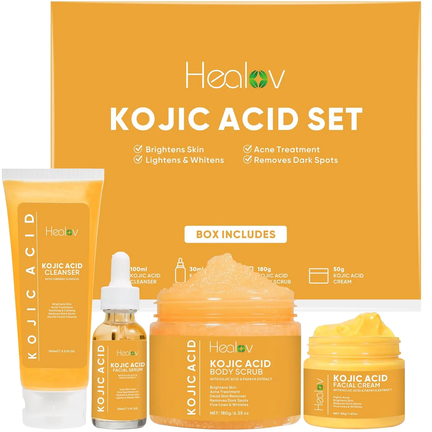 Kojic Acid Skincare Set – Kojic Soap Cleanser, Exfoliating Body Scrub, Face Cream & Brightening Facial Serum – Skin Brightening Hyperpigmentation Treatment, Dark Spot Corrector – with Turmeric Papaya