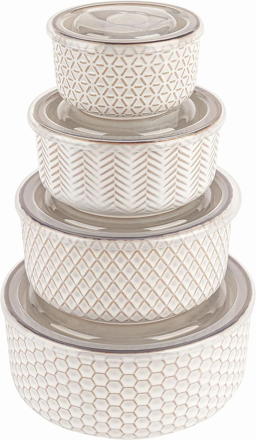 KooK Ceramic Nesting Bowls, with Lids, Serving, Set of 4, Embossed, Kitchen, Prep, Mix, Gift, Microwave and Dishwasher Safe, 10/16/29/47 oz, Narbonne Collection (Ivory)
