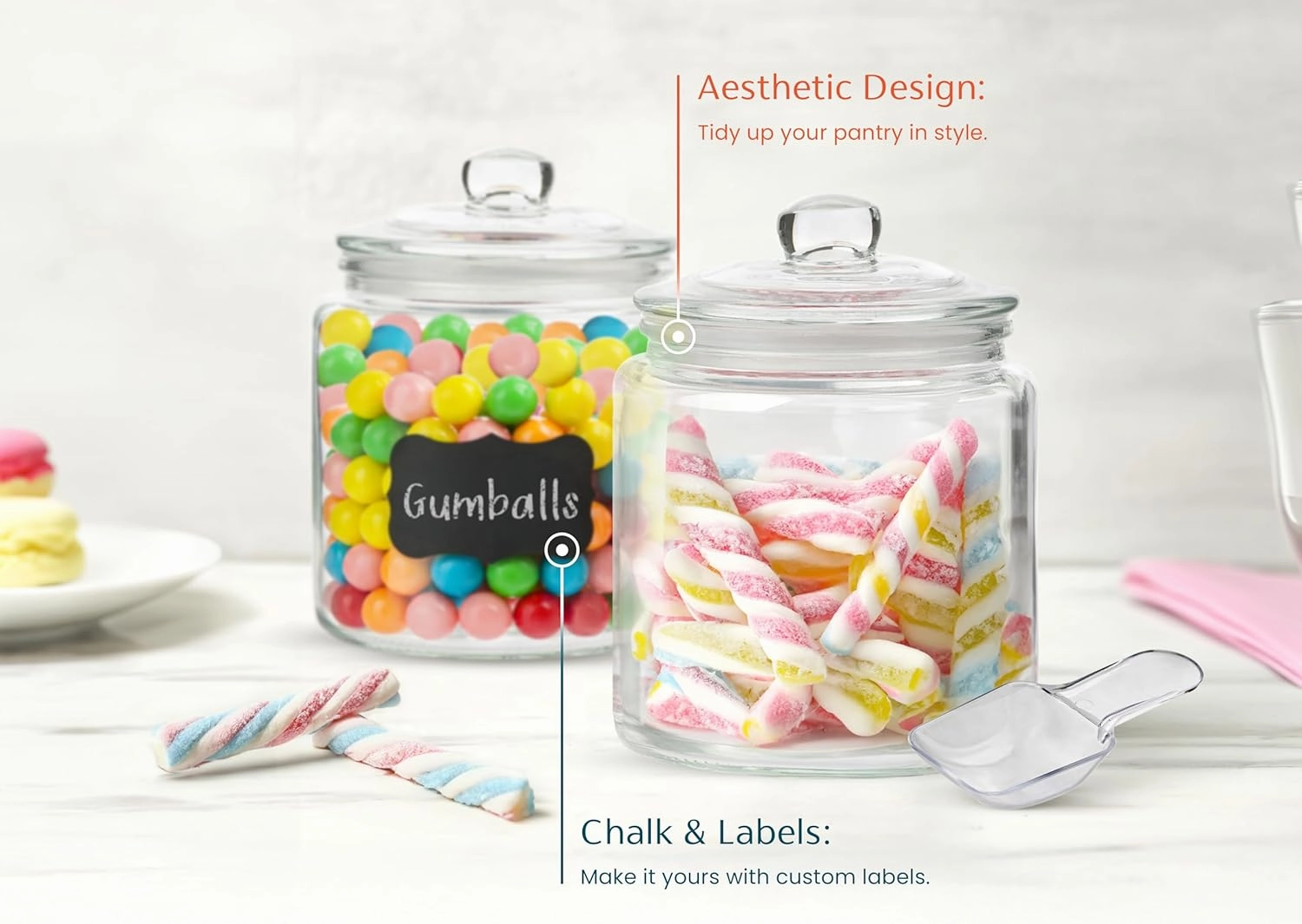 KooK Glass Storage Jars with Lids - 32oz (Set of 2), Kitchen Canisters for Sugar, Cookies, Cotton Balls, Glass Containers with Chalkboard Labels and Airtight Lid