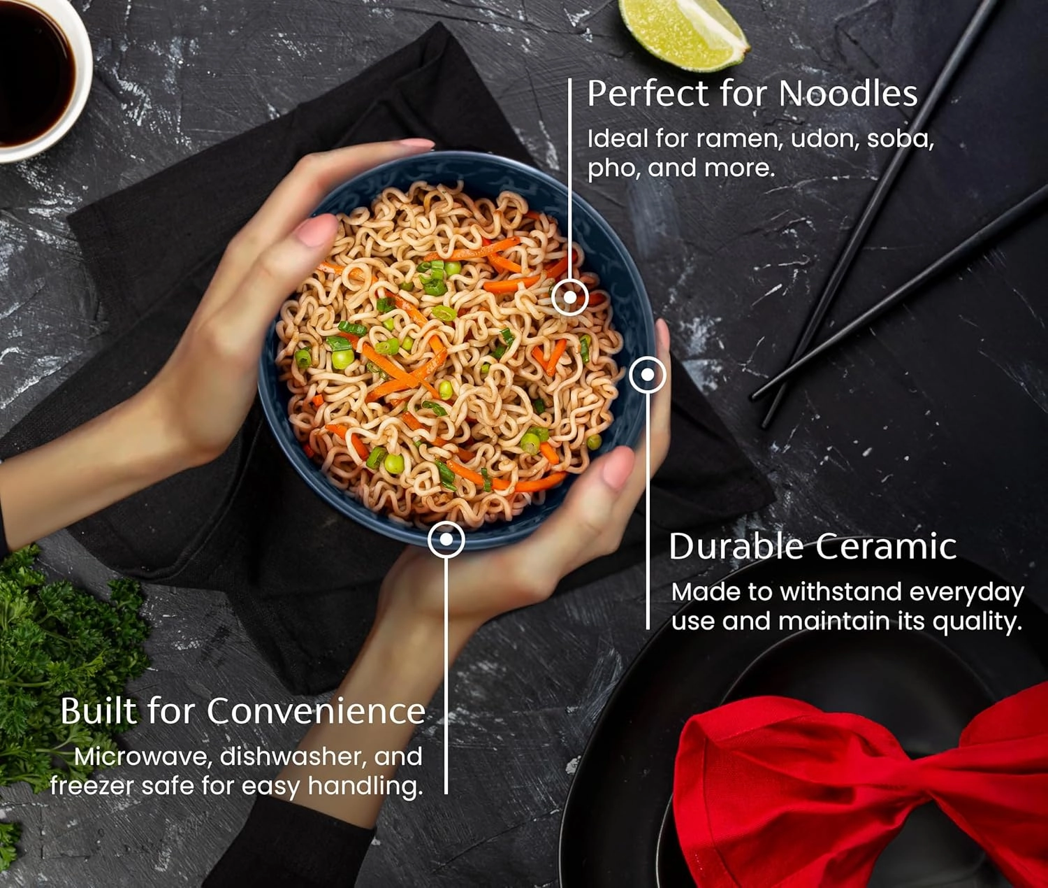 KooK Ramen Bowl, Japanese Bowls, Noodle Bowls, Large Soup Bowl, Ceramic, Large Capacity, For Ramen, Pho, Udon, Soba, Microwave and Dishwasher Safe, 34 oz, Set of 4 (Black/Navy)