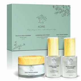 Kore Korean Skin Care Set–3-Piece Skincare Kit with Salicylic Acid Cleanser, Hydrating Toner & Daily Moisturizer–Vegan & PH Balancing Korean Skincare for Glass Skin–Skin Care Routine Kit for Women