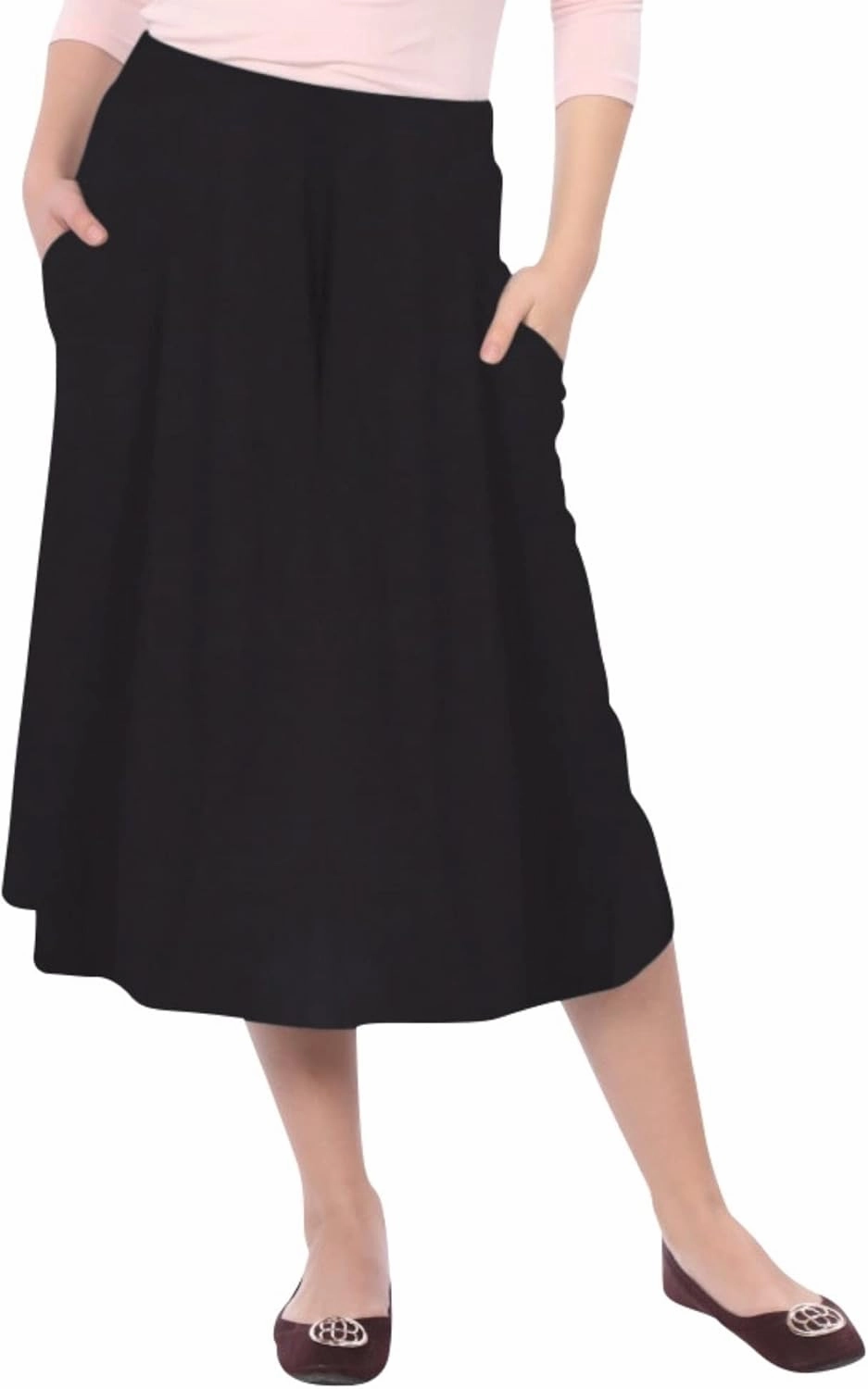 Kosher Casual Women’s Modest Lightweight Mid-Calf A-Line Skirt with On Seam Pockets