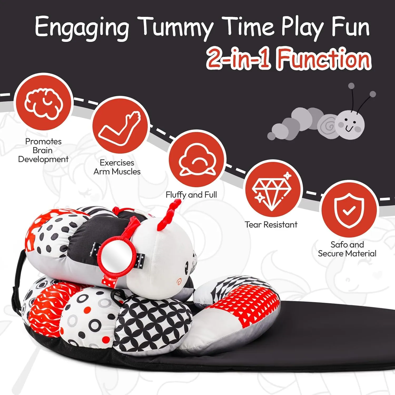 Koty Tummy Time Toys, 2-in-1 Black and White Caterpillar Tummy Time Mat & Seated Support Pillow, Baby Toys 0-6 Months, Sensory Play Developmental Newborn Baby Shower Birthday Gifts for Boys Girls