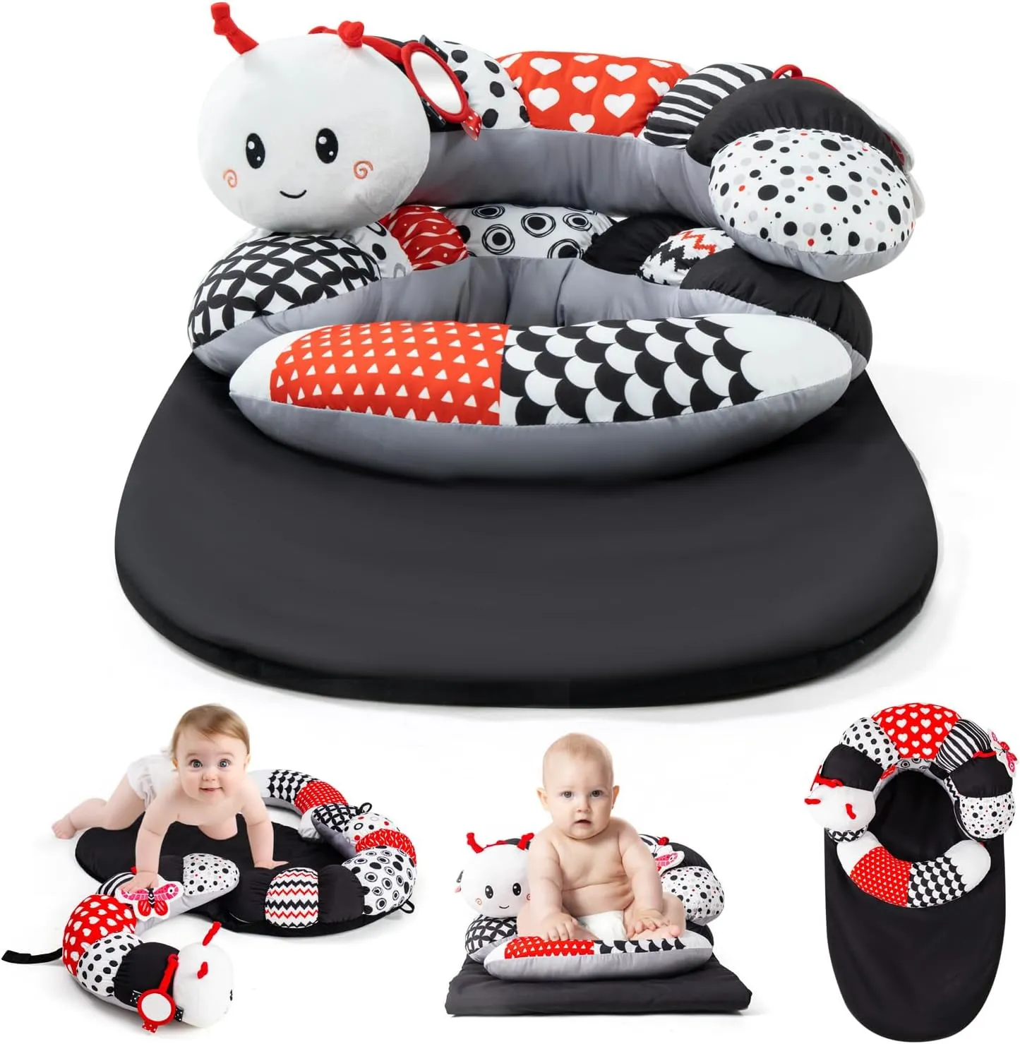 Koty Tummy Time Toys, 2-in-1 Black and White Caterpillar Tummy Time Mat & Seated Support Pillow, Baby Toys 0-6 Months, Sensory Play Developmental Newborn Baby Shower Birthday Gifts for Boys Girls