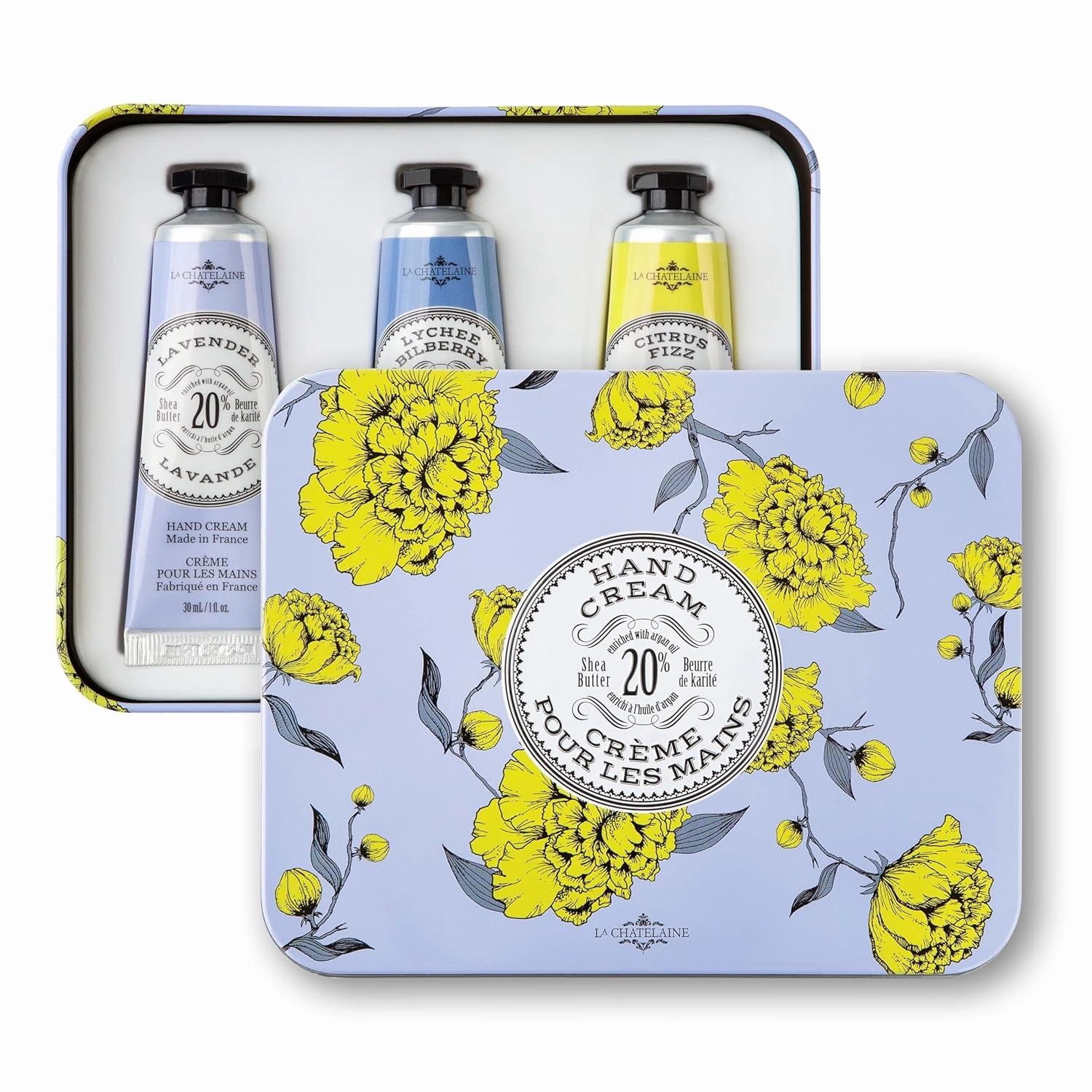 La Chatelaine French Hand Cream Trio Tin, Holiday Gift Set, Hand Lotion for Women, Made in France with 20% Organic Shea Butter (Lavender, Lychee Bilberry & Lemon Verbena or Citrus Fizz) 3 x 1 fl oz