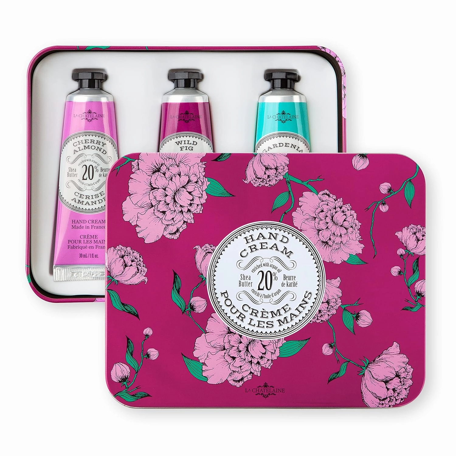 La Chatelaine Hand Cream Gift Set for Women, Hand Lotion for dry cracked hands, Travel Size, Natural Hand Cream Made in France with Organic Shea Butter (Cherry Almond, Wild Fig, & Gardenia) 3 x 1 fl