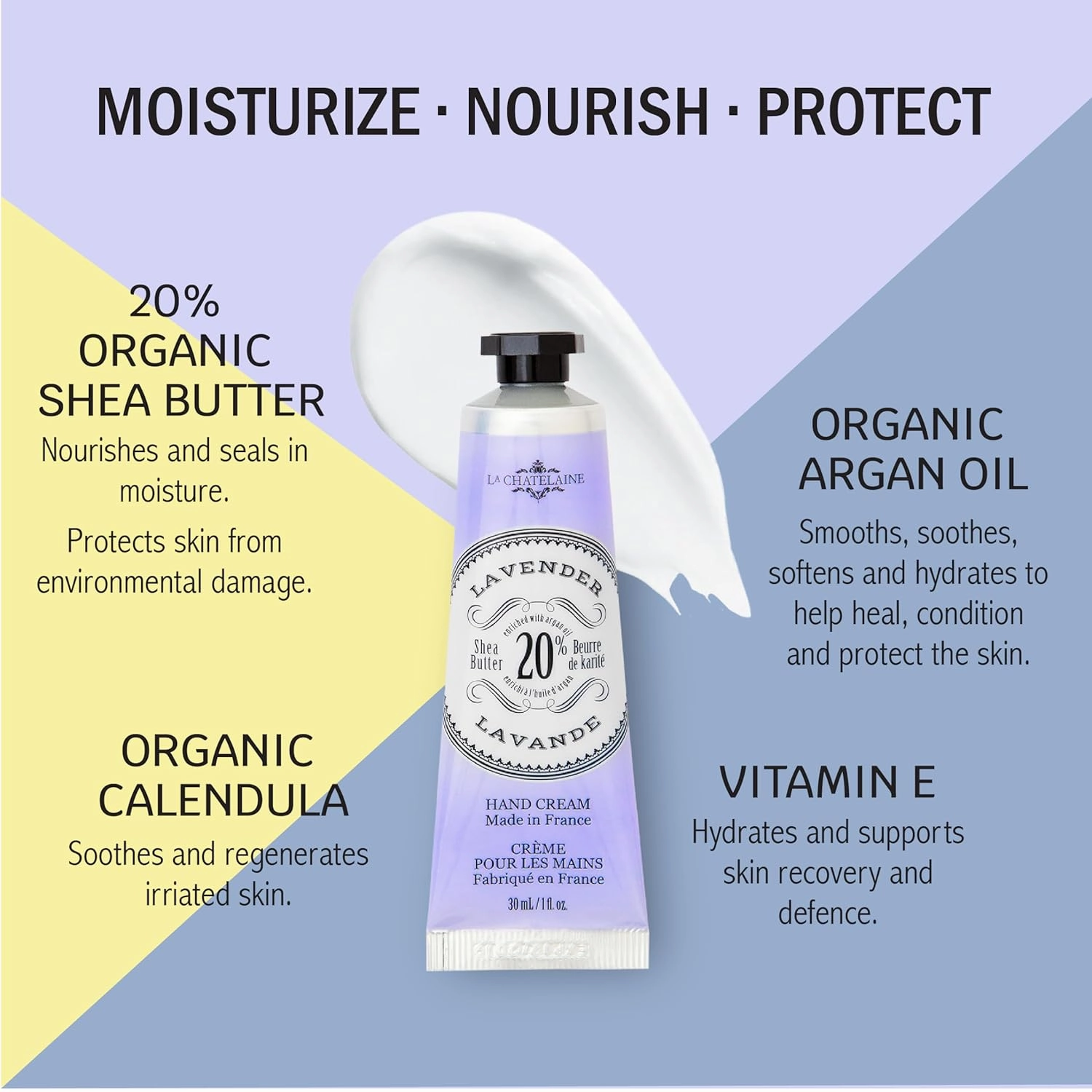 La Chatelaine Lavender Triple Milled Bar Soap and 20% Shea Butter Hand Cream Gift Set, Gift for Mom, Decorative Tin, Plant-Based, Natural & Organic, Made in France (7 oz. soap bar, 1 oz. hand lotion)